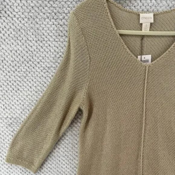 Chico's Sweater 1 M/8 Khaki Metallic Slanted Hem Heidi Pullover 3/4 Sleeves New - Picture 5 of 7